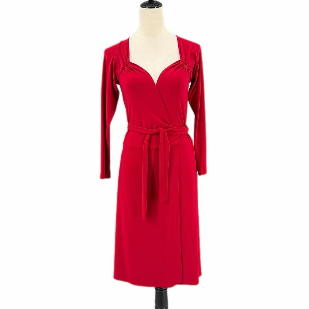 Norma Kamali Red Sweetheart Long Sleeve Waist Tie Wrap Knee Length Jersey Dress